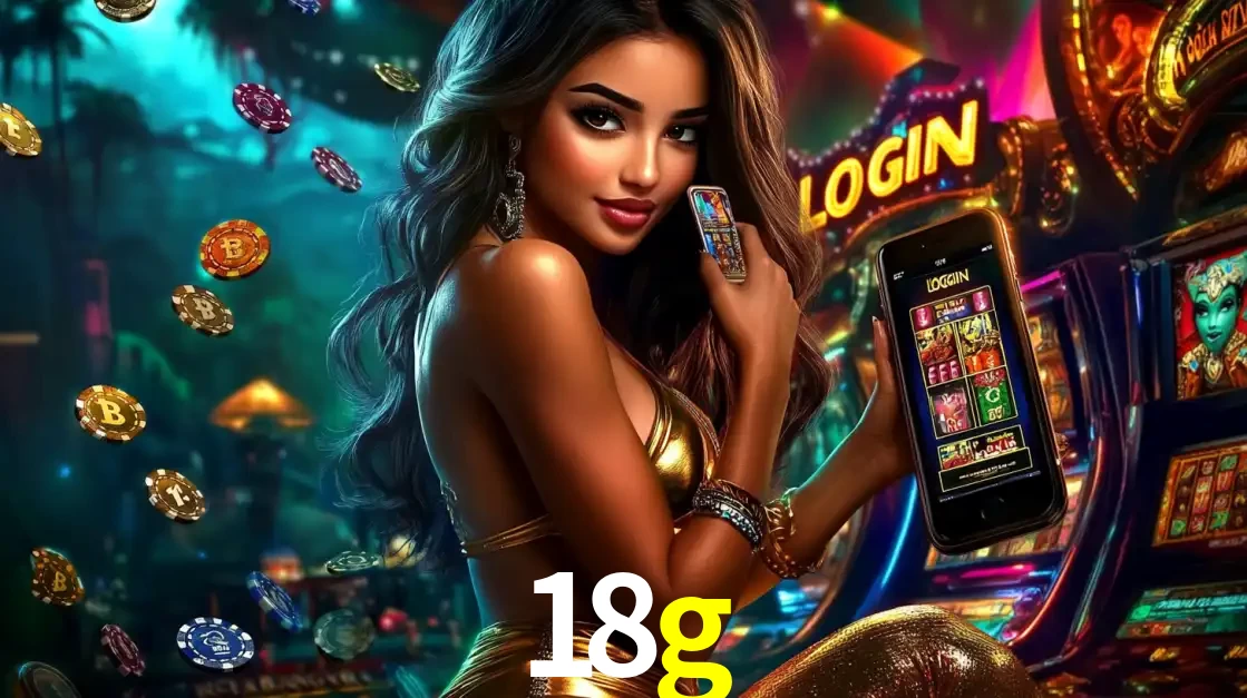 Mulher em um cenário de cassino temático de aventura, mostrando o app de caça-níqueis da 18g no celular. Fichas de apostas flutuam ao redor.