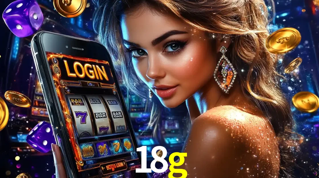 Mulher glamorosa segurando um smartphone com a tela de login para os jogos de caça-níqueis do cassino online 18g, com moedas de ouro e dados ao redor.