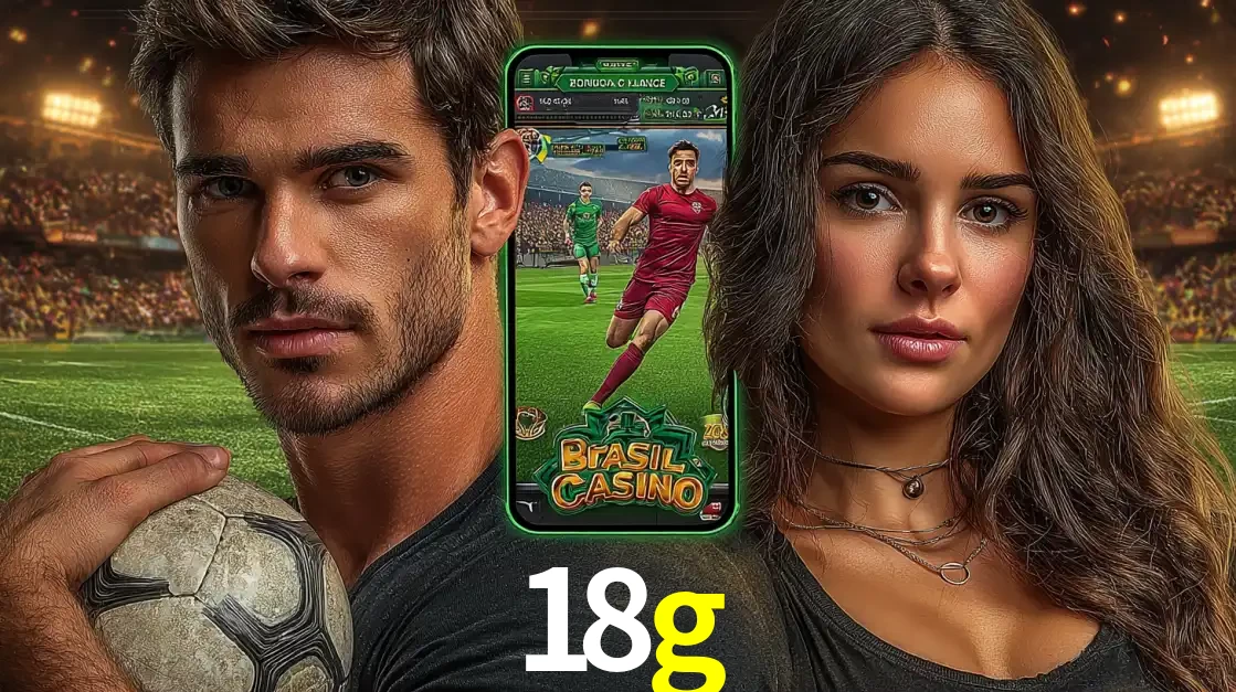 Homem segurando uma bola de futebol e uma mulher ao lado de um smartphone exibindo o jogo de apostas esportivas da 18g. Faça seu palpite no cassino online.